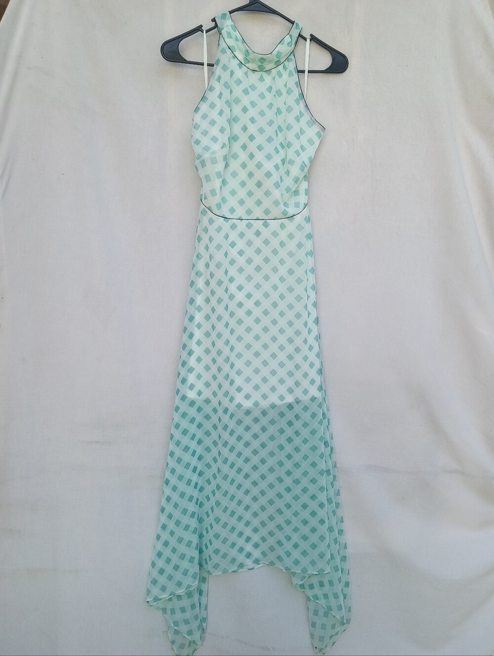 White House Black Market Gingham Mint Green Halter Maxi Dress Size 4
